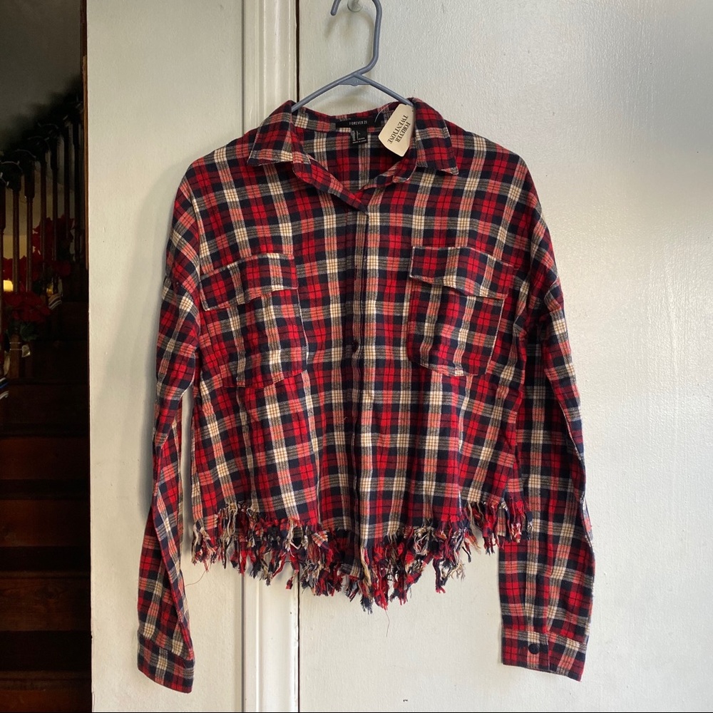 Distressed Cropped Flannel Button Up